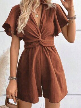 Plunging Neck Butterfly Sleeve Cotton Romper